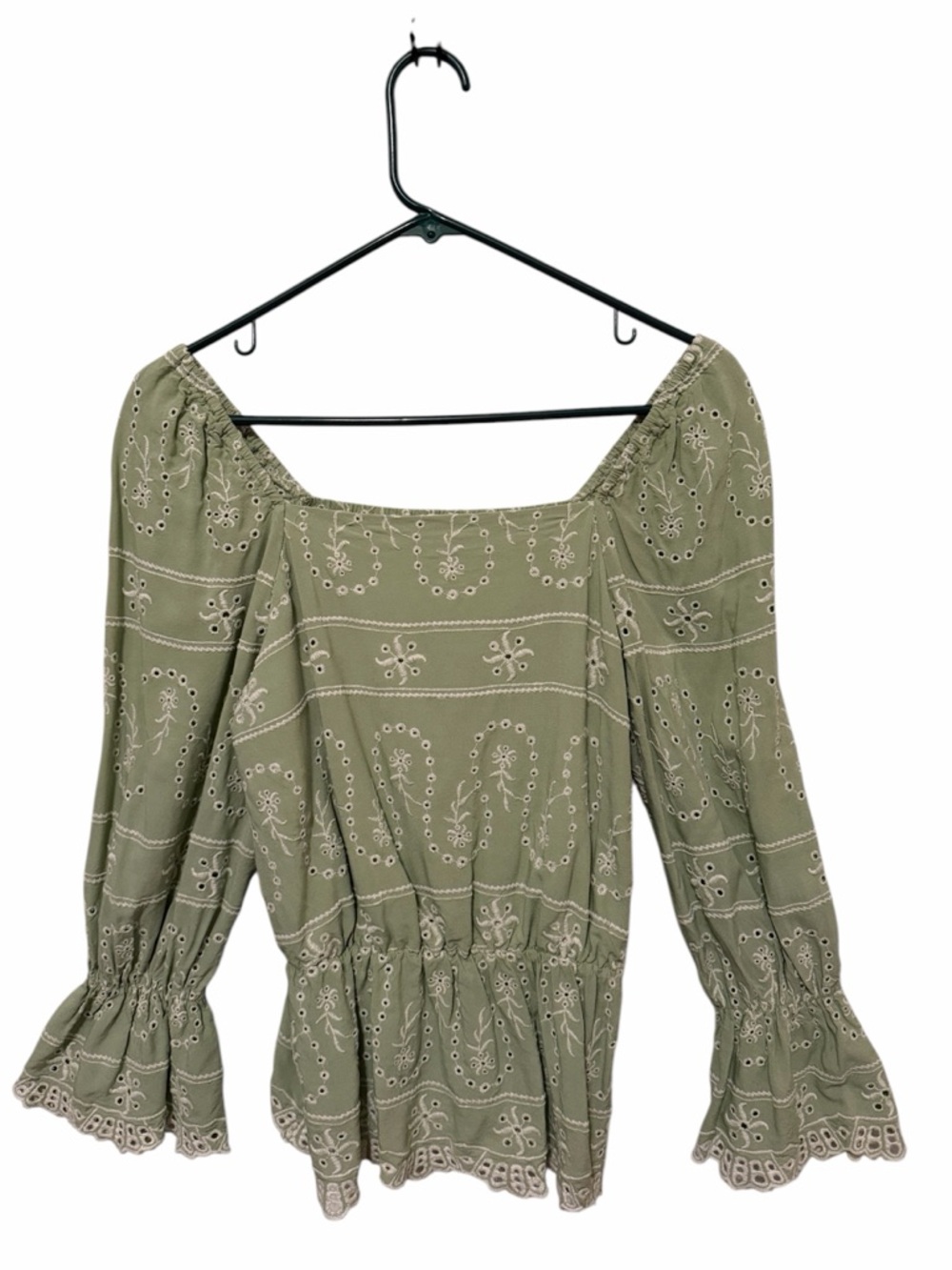 CATO Sage Green Eyelet Embroidered Peplum Blouse Boho Cottagecore XS